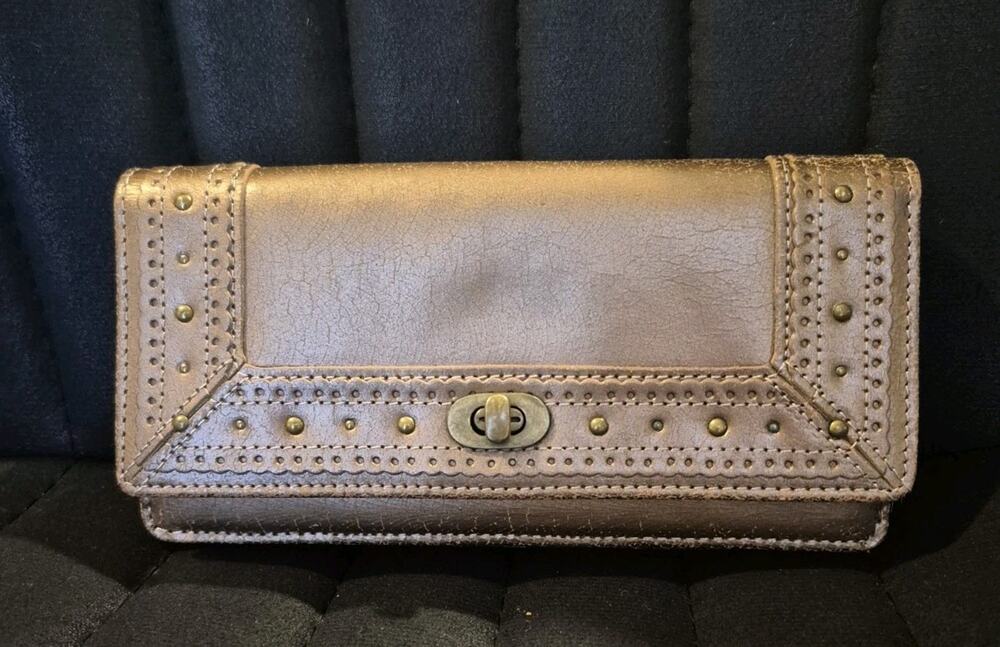 NWT Fossil Metallic Bronze Genuine Leather Studded Turn Lock Clutch Wallet Y2K S